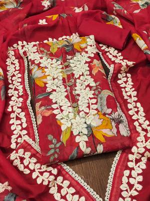 Red embroidered organza semi stitched churidar dress-materials 4