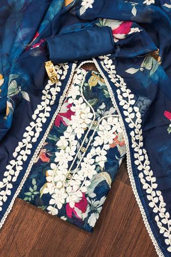 Navy-blue embroidered organza semi stitched churidar dress-materials