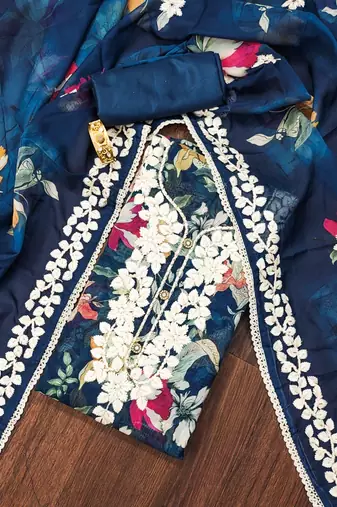 Navy-blue embroidered organza semi stitched churidar dress-materials