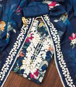 Navy-blue embroidered organza semi stitched churidar dress-materials