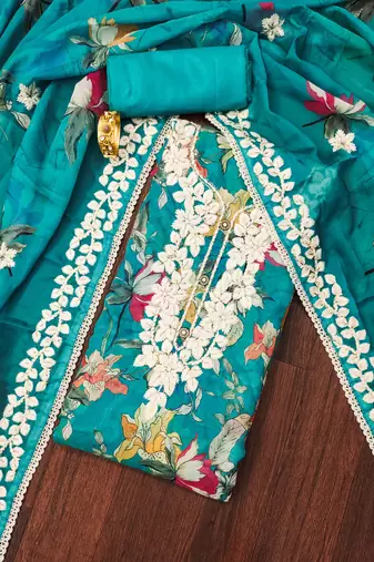 Sky-blue embroidered organza semi stitched churidar dress-materials