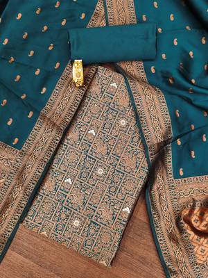 Teal woven silk blend unstitched churidar dress-materials 1