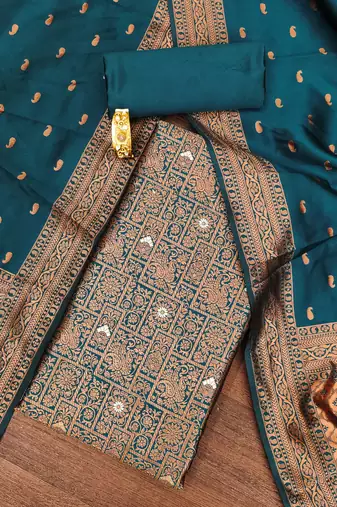 Teal woven silk blend unstitched churidar dress-materials