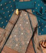 Teal woven silk blend unstitched churidar dress-materials