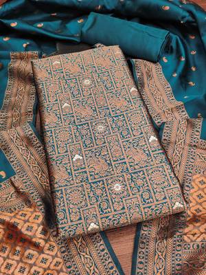 Teal woven silk blend unstitched churidar dress-materials 3