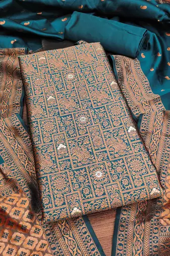 Teal woven silk blend unstitched churidar dress-materials