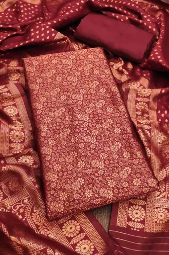 Red woven silk blend unstitched churidar dress-materials