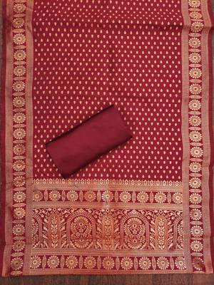 Red woven silk blend unstitched churidar dress-materials 4