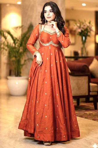 rust embroidered faux georgette gown dupatta