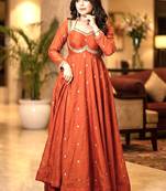 rust embroidered faux georgette gown dupatta
