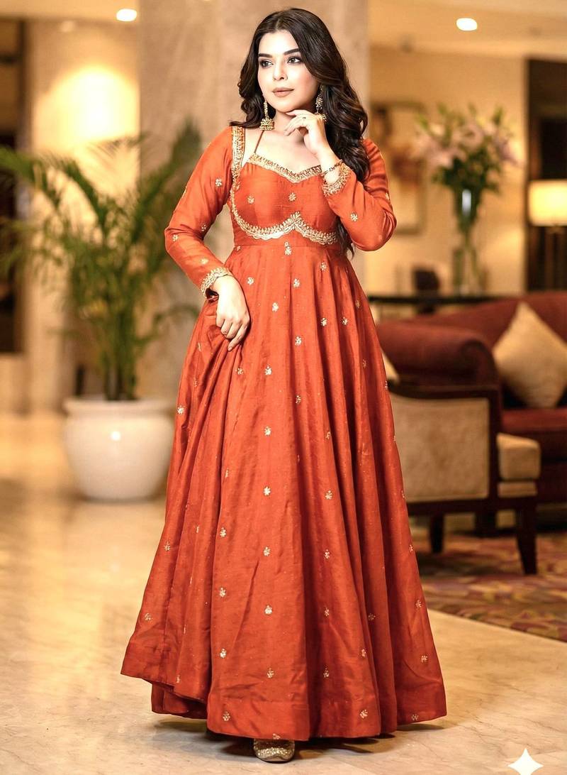 rust embroidered faux georgette gown dupatta