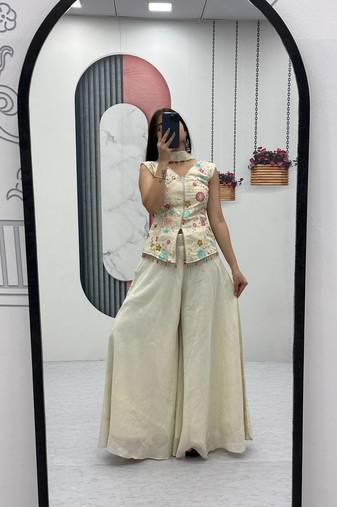 cream heavy sequins embroidered top with palazzo & dupatta