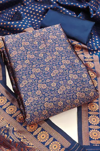 Navy-blue woven silk blend unstitched churidar dress-materials