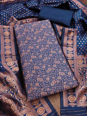 Navy-blue woven silk blend unstitched churidar dress-materials 3