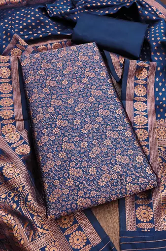 Navy-blue woven silk blend unstitched churidar dress-materials