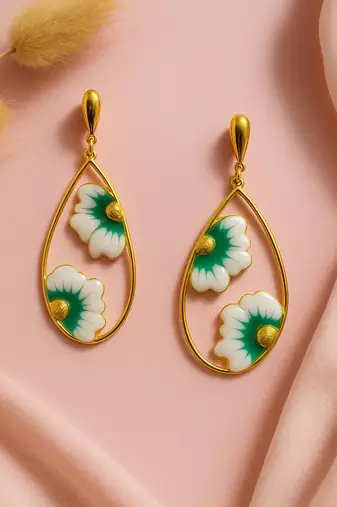 Jewelz gold-plated green & white floral earrings