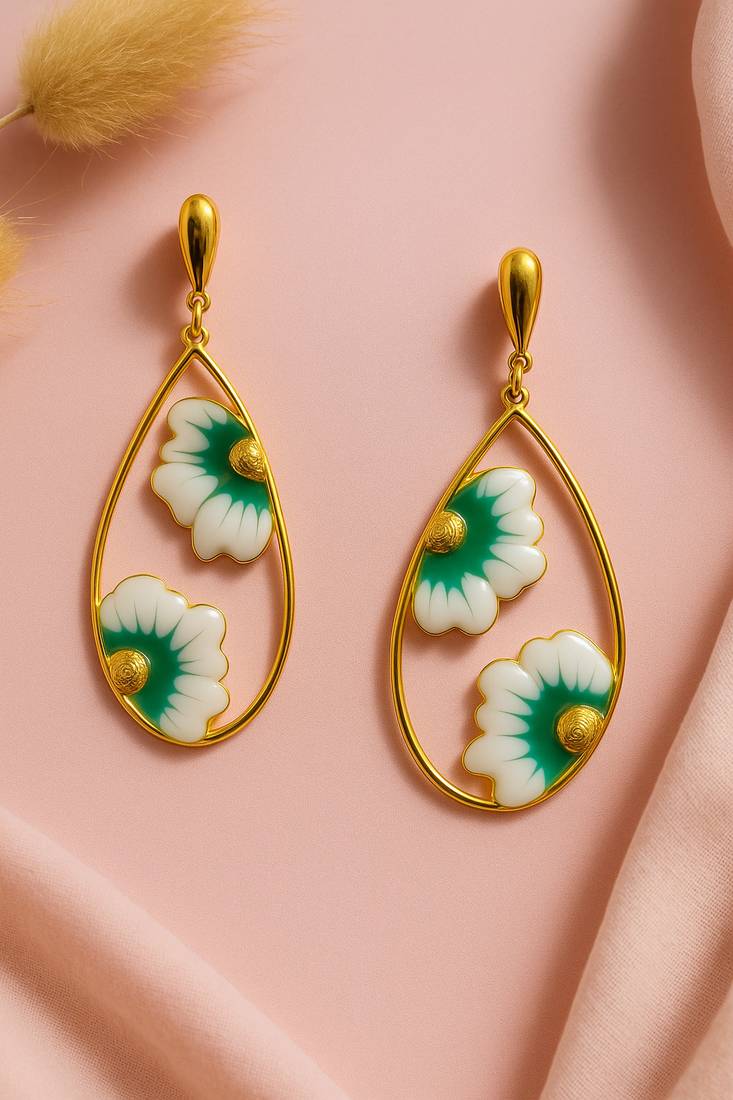 Jewelz gold-plated green & white floral earrings