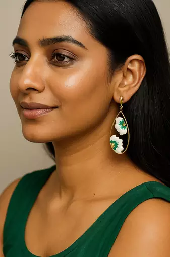 Jewelz gold-plated green & white floral earrings