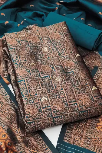Teal woven silk blend unstitched churidar dress-materials