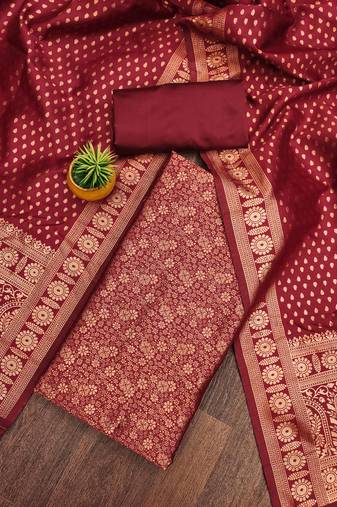 Red woven silk blend unstitched churidar dress-materials