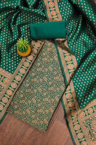Green woven silk blend unstitched churidar dress-materials