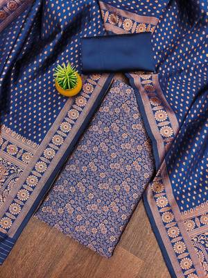 Navy-blue woven silk blend unstitched churidar dress-materials 1