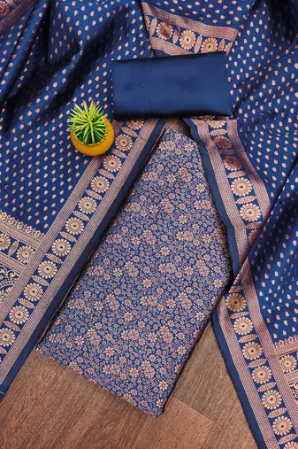 Navy-blue woven silk blend unstitched churidar dress-materials