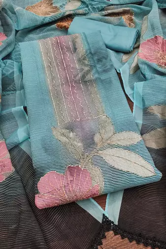 Teal printed organza semi stitched churidar dress-materials