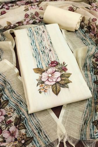 Off-white printed cotton semi stitched churidar dress-materials