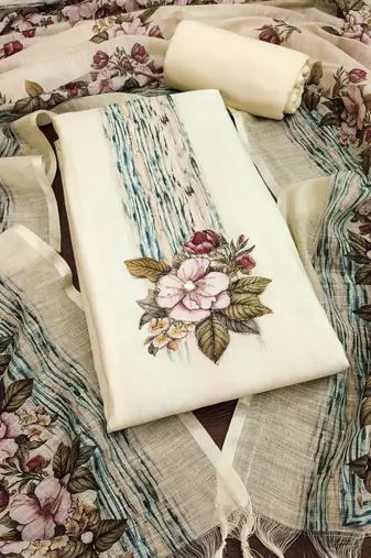 Off-white printed cotton semi stitched churidar dress-materials