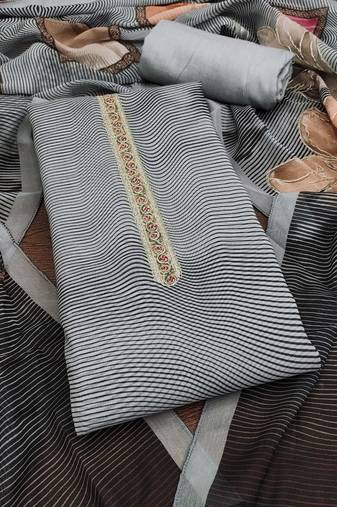 Grey printed organza semi stitched churidar dress-materials