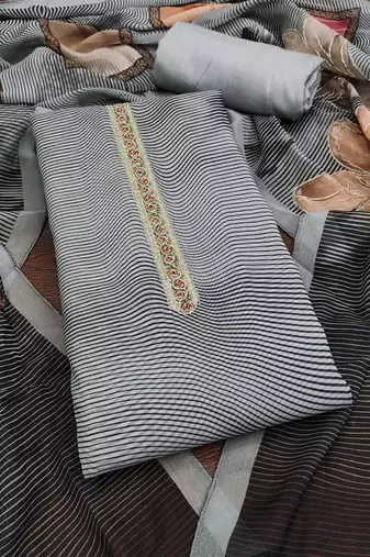 Grey printed organza semi stitched churidar dress-materials