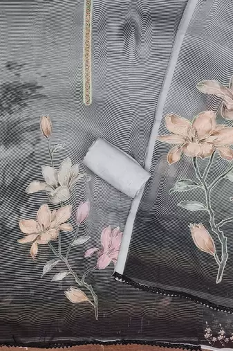 Grey printed organza churidar dress-materials
