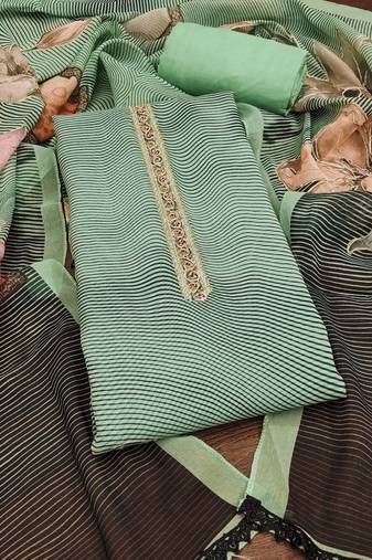 Green printed organza semi stitched churidar dress-materials