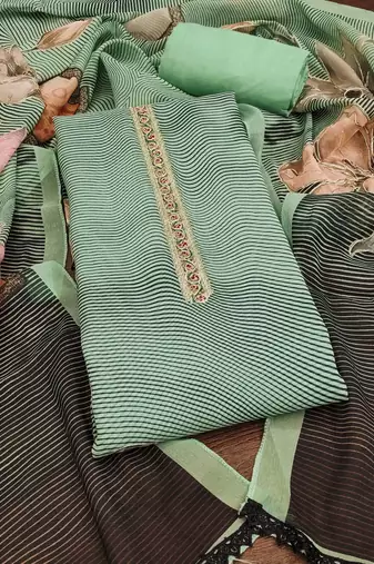 Green printed organza semi stitched churidar dress-materials