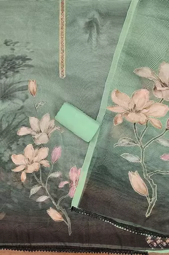 Green printed organza churidar dress-materials
