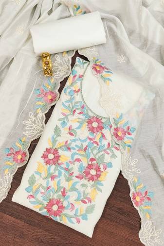 White thread embroidery silk blend semi stitched churidar dress-materials