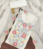 White thread embroidery silk blend semi stitched churidar dress-materials