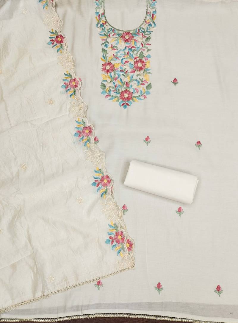 White thread embroidery silk blend semi stitched churidar dress-materials