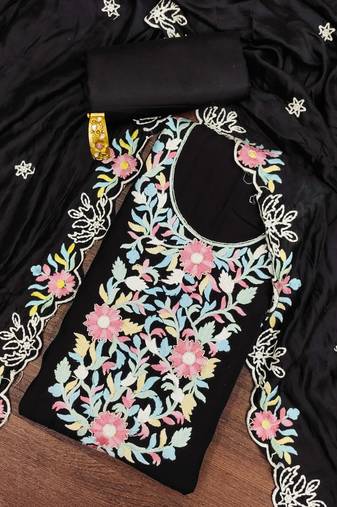 Black thread embroidery silk blend semi stitched churidar dress-materials