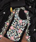 Black thread embroidery silk blend semi stitched churidar dress-materials