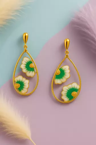 Jewelz gold-plated green & white floral earrings