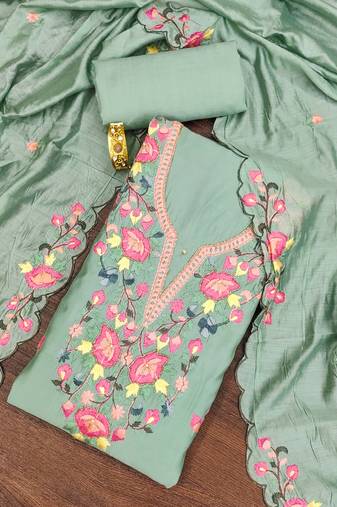 Sea-green thread embroidery silk blend semi stitched churidar dress-materials