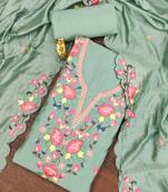 Sea-green thread embroidery silk blend semi stitched churidar dress-materials