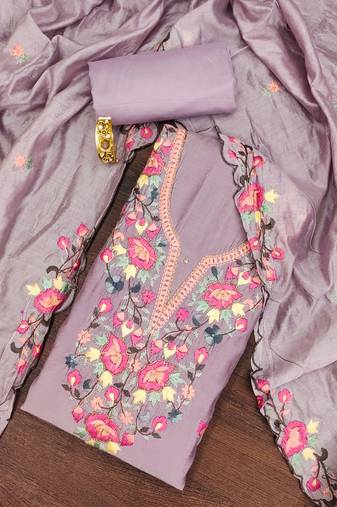 Lavender thread embroidery silk blend semi stitched churidar dress-materials