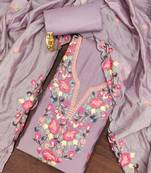 Lavender thread embroidery silk blend semi stitched churidar dress-materials
