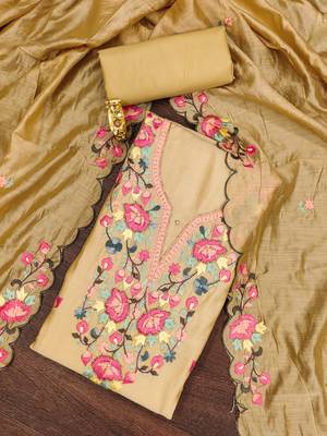 Beige thread embroidery silk blend churidar dress-materials 1