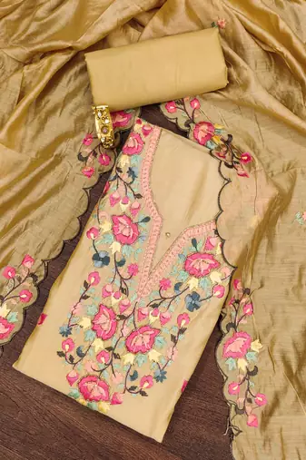 Beige thread embroidery silk blend semi stitched churidar dress-materials
