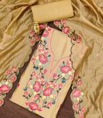 Beige thread embroidery silk blend semi stitched churidar dress-materials