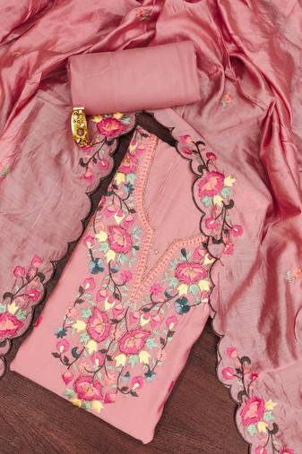Peach thread embroidery silk blend semi stitched churidar dress-materials
